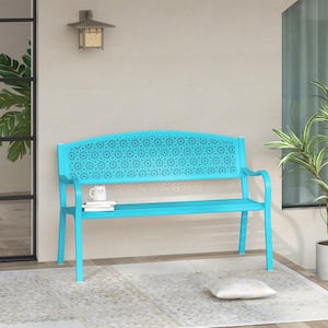 49 in. 2-Person Blue Metal Outdoor Garden Bench