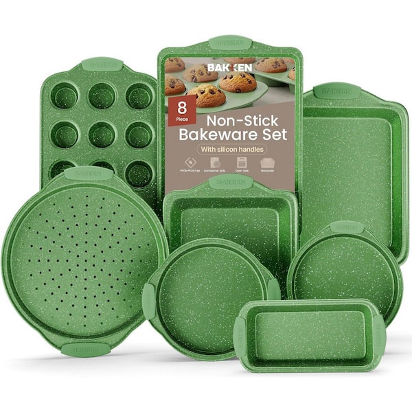 8-Piece Nonstick Green Marble Coating, Carbon Steel Bakeware Sets with Green Silicone Handles