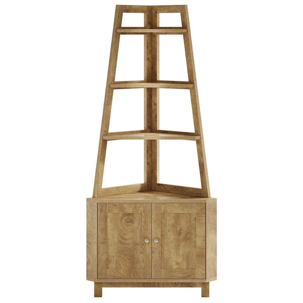 70.9 in. Tall Natural Wood Finish MDF 4-Shelf Corner L-Shaped Bookcase with Storage Cabinet