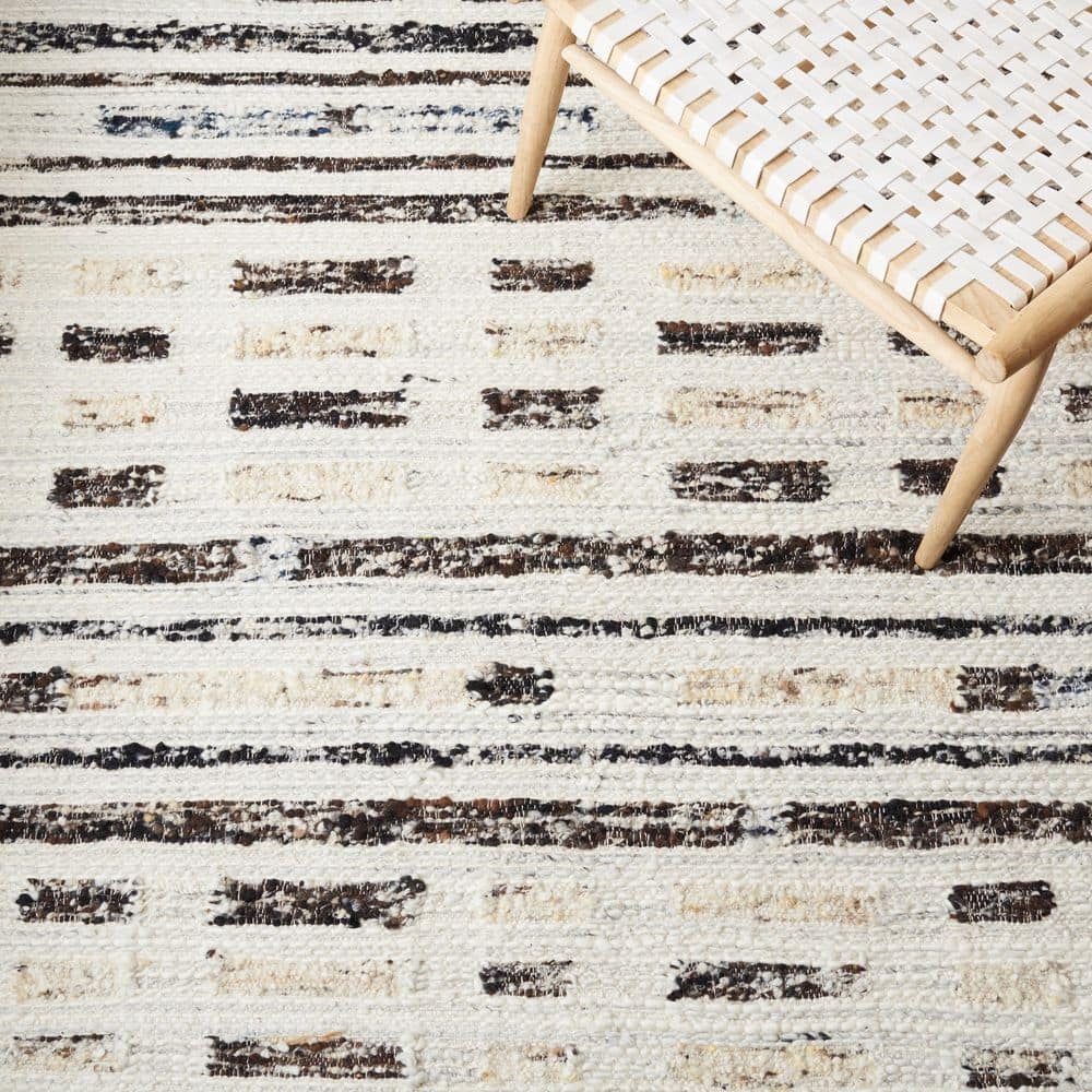 Ivory and Dark Brown Hand-Knotted Wool Shag Rug, 6' x 6'