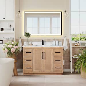 Floral 48 in. W x 22 in. D x 33 in. H Single Sink Bath Vanity in Ligth Brown with White Quartz Countertop and Mirror