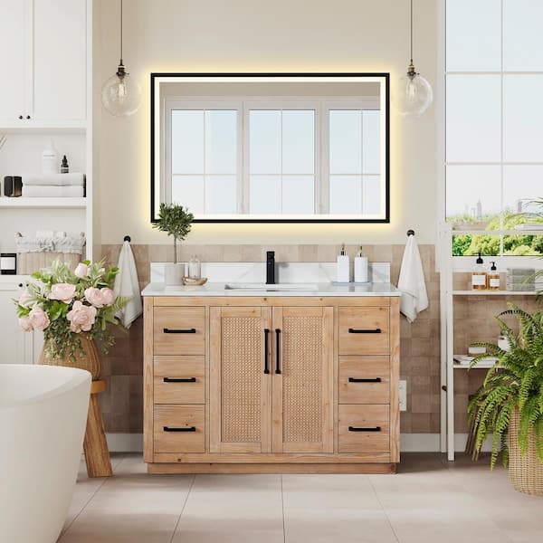 Altair Floral 48 in. W x 22 in. D x 33 in. H Single Sink Bath Vanity in Ligth Brown with White Quartz Countertop and Mirror