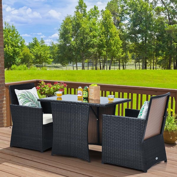 Unbranded 3-Piece Outdoor Wicker Rattan Patio Conversation Set with White Cushions