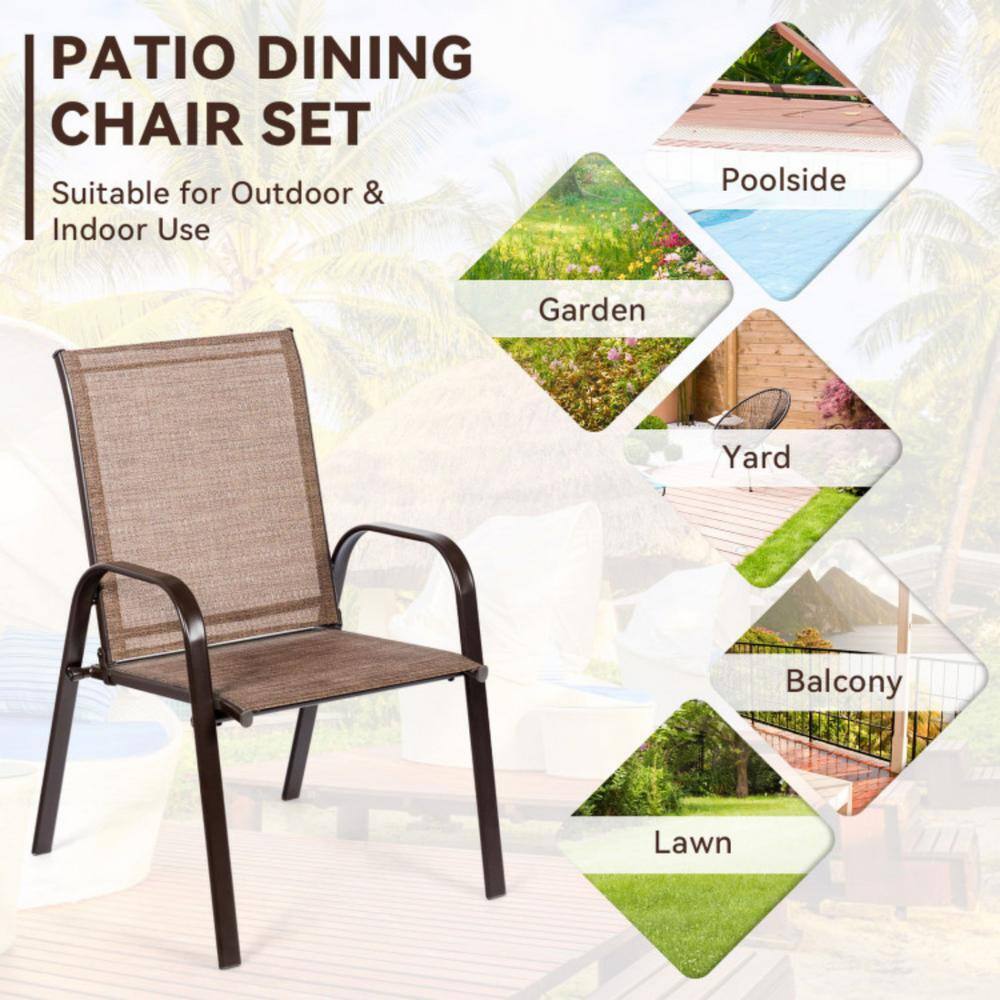 Brown Steel Frame Outdoor Dining Chairs with Armrests, Set of 2