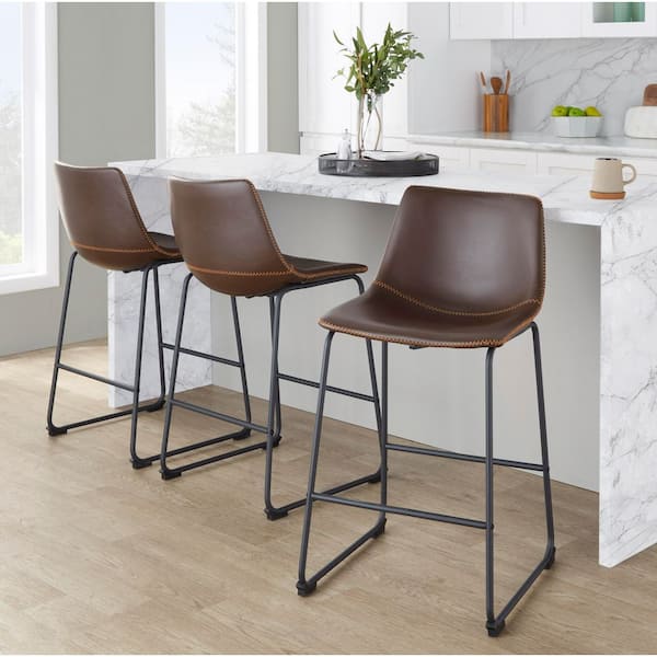 Duke 26 in. Black Metal with Espresso Faux Leather and Orange Stitching Fixed-Height Counter Stool
