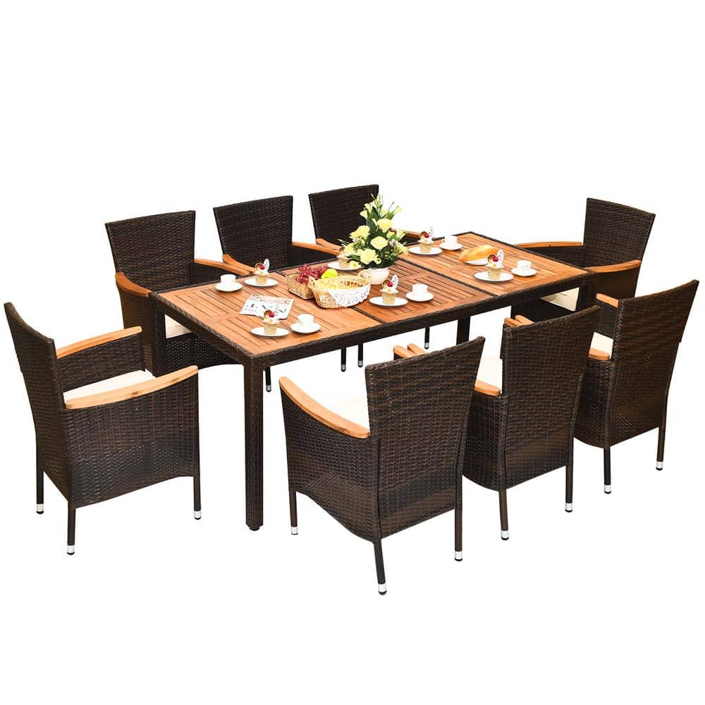 Costway 9Piece Wicker Outdoor Dining Set with Acacia Wood Table and Stackable Cushioned Chairs