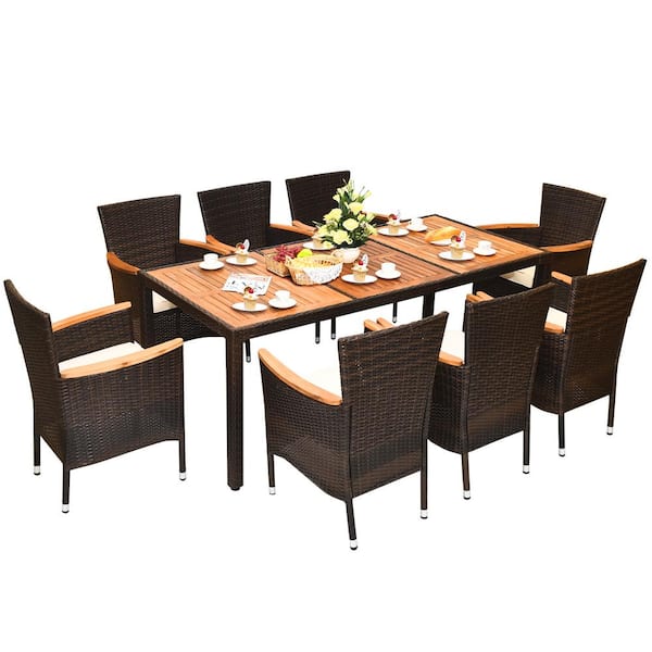 Costway 9-Piece Wicker Outdoor Dining Set with Acacia Wood Table and Stackable Cushioned Chairs Dining Set in Off-White