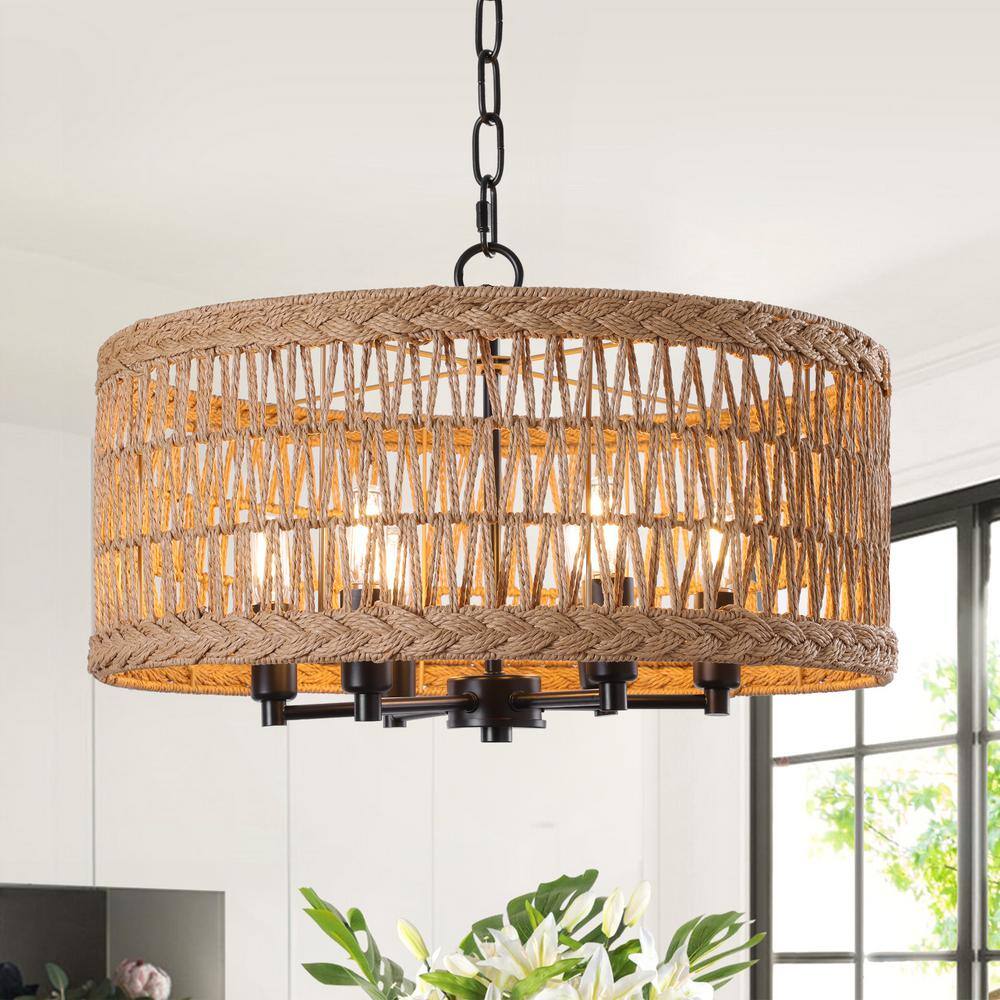 19.6 in. 6-Light Matte Black Bohemian Drum Chandelier with Natural Rattan Shade price history on PriceWatchPro