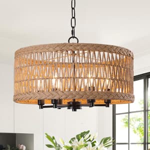 19.6 in. 6-Light Matte Black Bohemian Drum Chandelier with Natural Rattan Shade