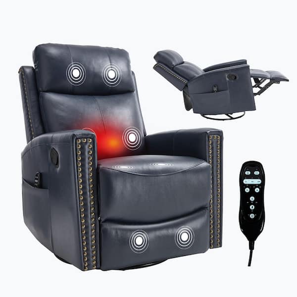 Clihome Blue Genuine Leather Recliner Chair with 360° Swivel