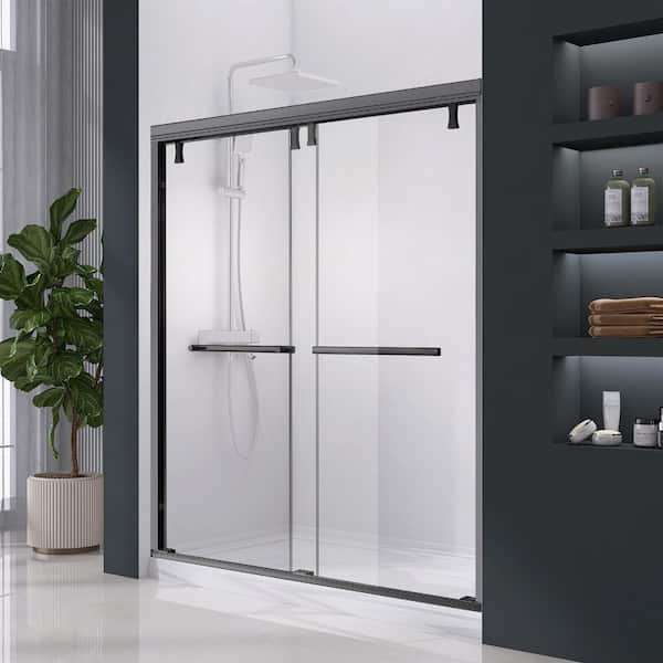Zeafive 44 to 48 in. W x 76 in. H Double Sliding Frameless Shower Door Matte Black Finish w/ 5/16 in. Tempered Glass and Handle