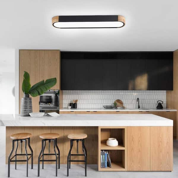 HUOKU Lumin 38 in. W 1-Light Black and Wood Integrated LED Flush