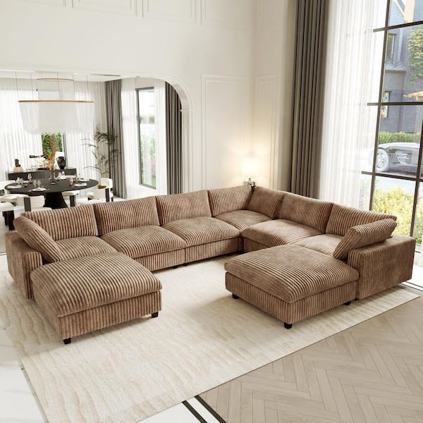 Lawson Cloud Couch 157 in. Square Arm Velvet Solid Wood Modular Convertible Sofa with Ottoman, Washable Covers in. Brown