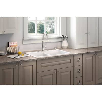 Brookfield Drop-In Cast-Iron 33 in. 4-Hole Double Bowl Kitchen Sink in White with Bellera Faucet