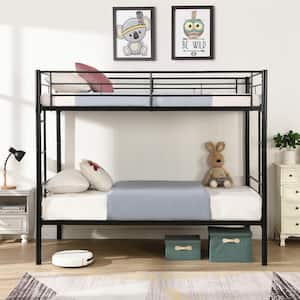 Black Metal Separated Twin Over Twin Bunk Bed with 2 Ladders, Full-Length Guardrail, Storage Space, Noise Free Slats
