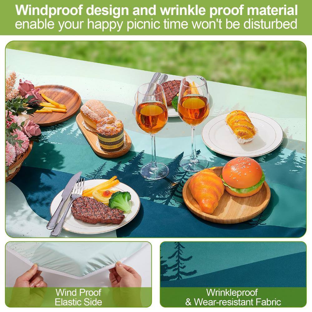 96 in. Green and Blue Waterproof Picnic Table Cover Set with Bench Covers