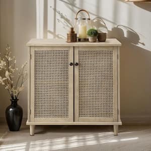 Rustic Natural Wood Buffet Cabinet with Woven Rattan Door