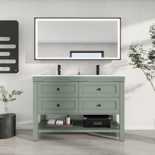 48 in. W x 17.7 in. D x 34 in. H 2-Sink Freestanding Bath Vanity in Green with White Resin Top and Drain Faucet Set