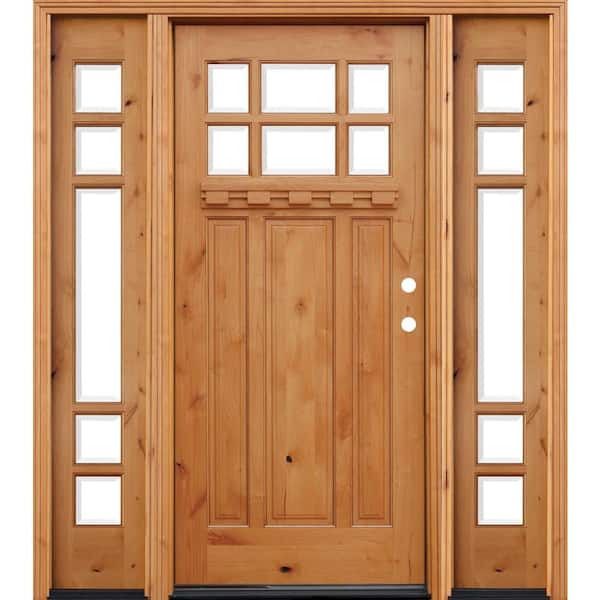 Pacific Entries 70 in. x 80 in. Craftsman Rustic 6 Lite Stained Knotty Alder Wood Prehung Front Door w/ 14 in. Sidelites & Dentil Shelf