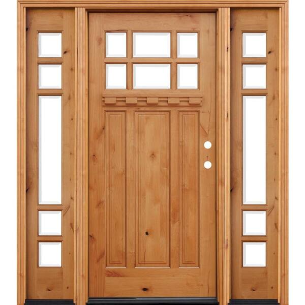 Pacific Entries 70in.x80in. Craftsman 6 Lt Stained Knotty Alder Wood Prehung Front Door w/6in Wall Series, 14in Sidelites & Dentil Shelf