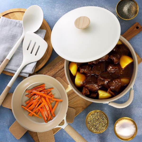 Folkstone 13 Piece Ceramic Nonstick Cast Aluminum Cookware Set in Linen