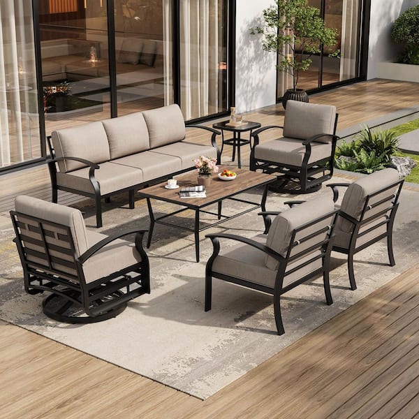 7-Piece Outdoor Aluminum Conversation Set with Swivel Rocking Chairs, Coffee Table and Side Table, Sand Cushions, Patio