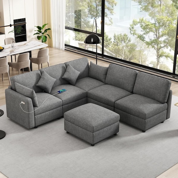 85.4 in. Chenille Sectional Sofa in Gray with Movable Ottoman and 2 USB Ports