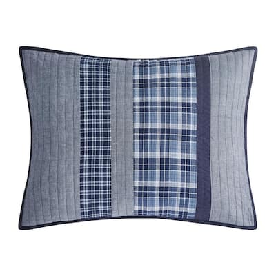 Adelson 1-Piece Navy Blue Plaid and Striped Cotton Standard Sham
