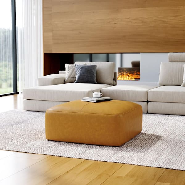 Uixe 35 in. Wide Mid-Century Brown Genuine Leather Square Ottoman