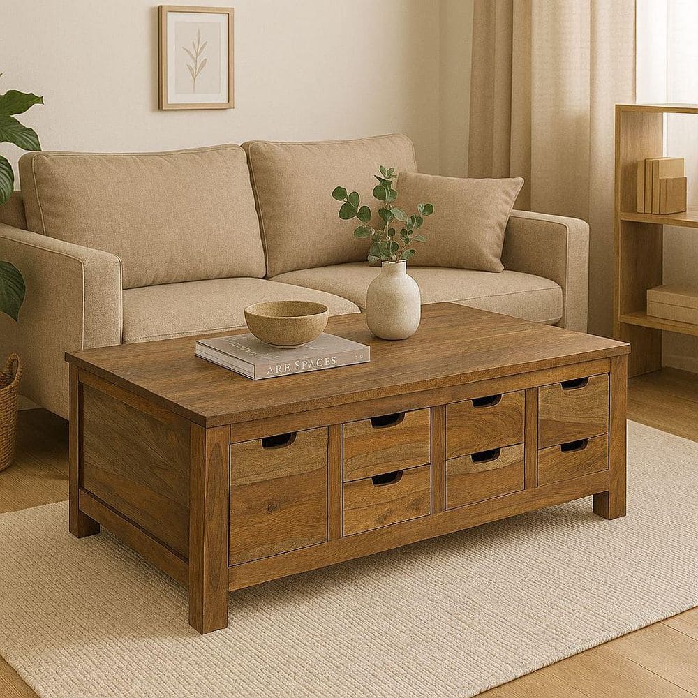 53 in. Brown Rectangle Wood Top Coffee Table with Drawers