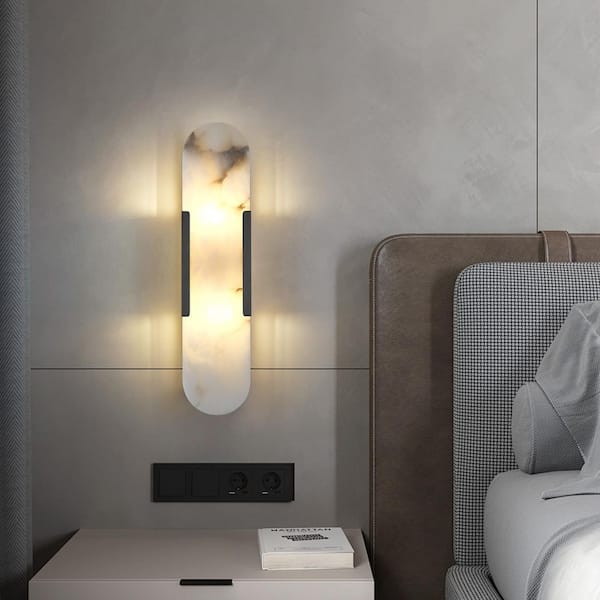 PUYRNF 20 in. 2-Light Natural Marble Black Alabaster Wall Sconce, Wall Lamp with Alabaster Shade for Living Rooms(1-Piece)