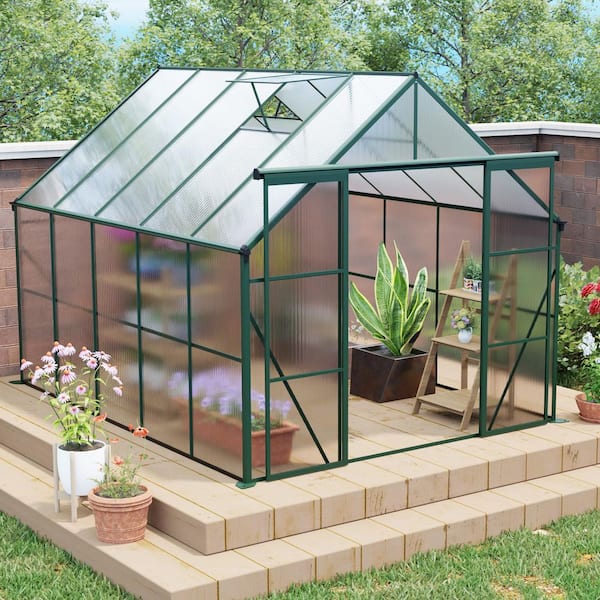 8 ft. W x 10 ft. D, Double Sliding Door Polycarbonate Greenhouse Raised Base and Anchor Aluminum, in Green