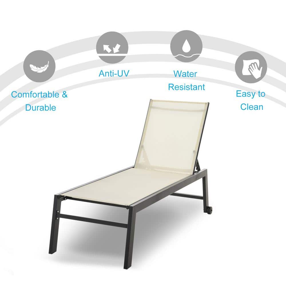 Cream Armless Outdoor Steel Chaise Lounge Chair