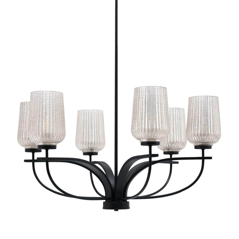 Olympia 6 Light Matte Black Round Chandelier with 5"" Silver Textured Glass Shades, No bulbs included