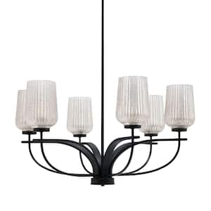 Olympia 6-Light Matte Black Round Chandelier with 5 in. Silver Textured Glass Shades, No bulbs included