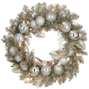24 in. Pre-Lit Yuletide Glam Silver Decorated Artificial Christmas Wreath with 50 LED Lights