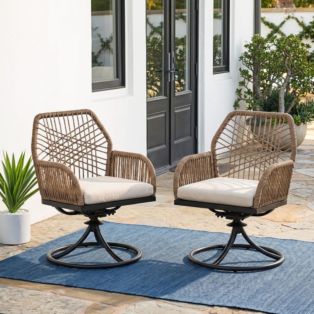 Black Iron Patio Dining Chairs with Beige Cushions, Handwoven Twisted Rattan Back, Swivel Base (2-Pack) price history on PriceWatchPro