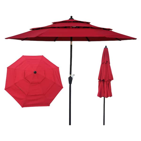 FORCLOVER 9 ft. 3-Tier Steel Market Tilt Patio Umbrella in Red