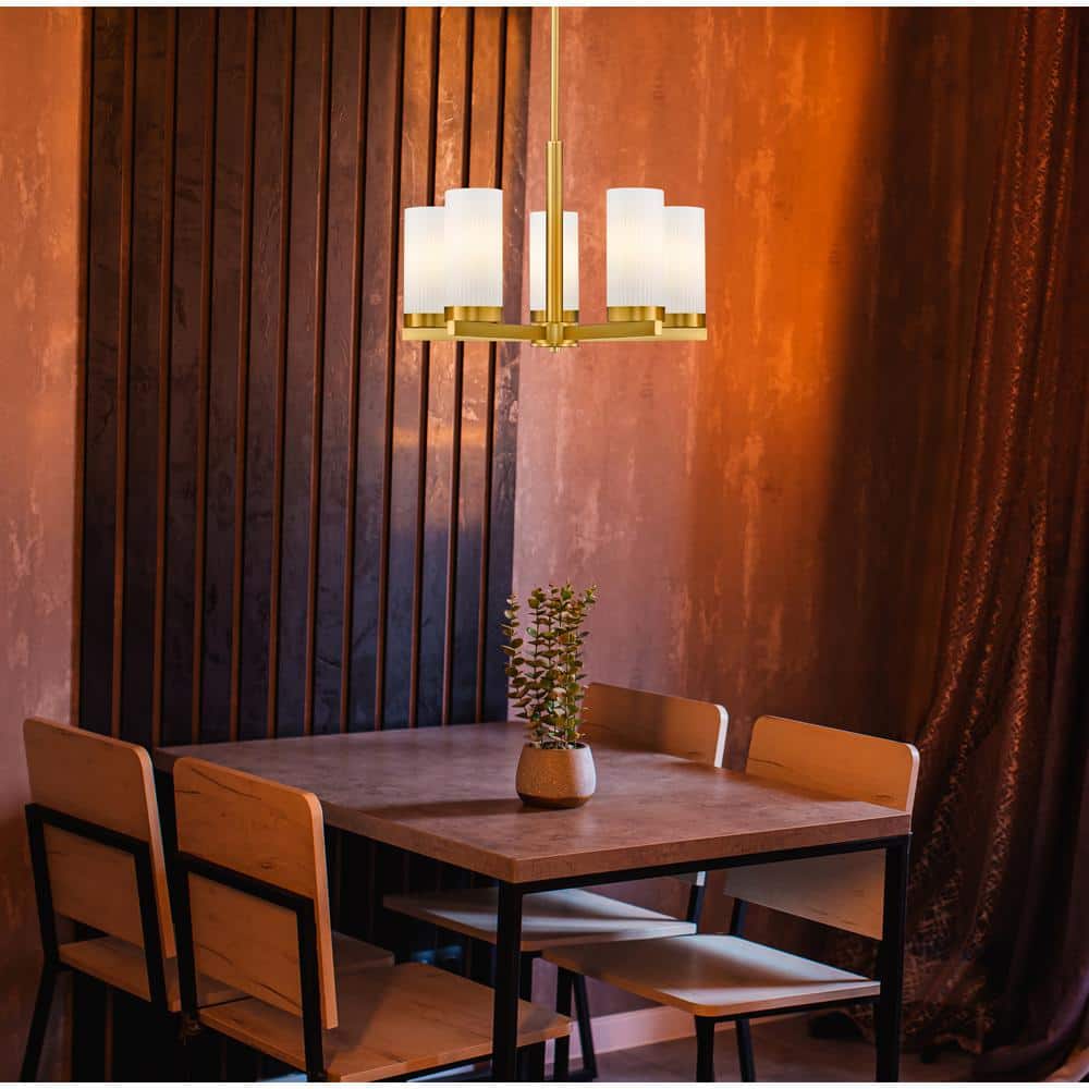 Gold 5-Light Mini Chandelier with Frosted Glass Shades