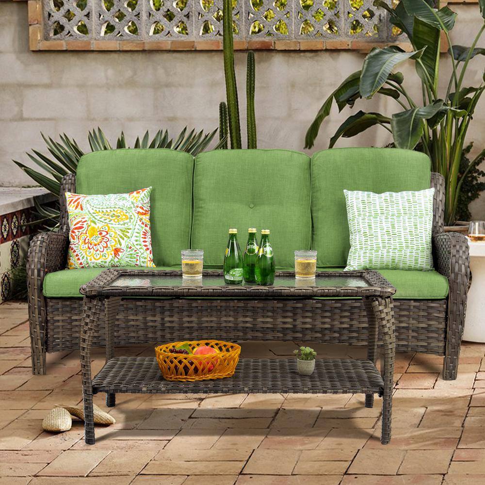 JOYSIDE Wicker Outdoor Patio 3 Seat Sofa Couch with Green Cushion M16