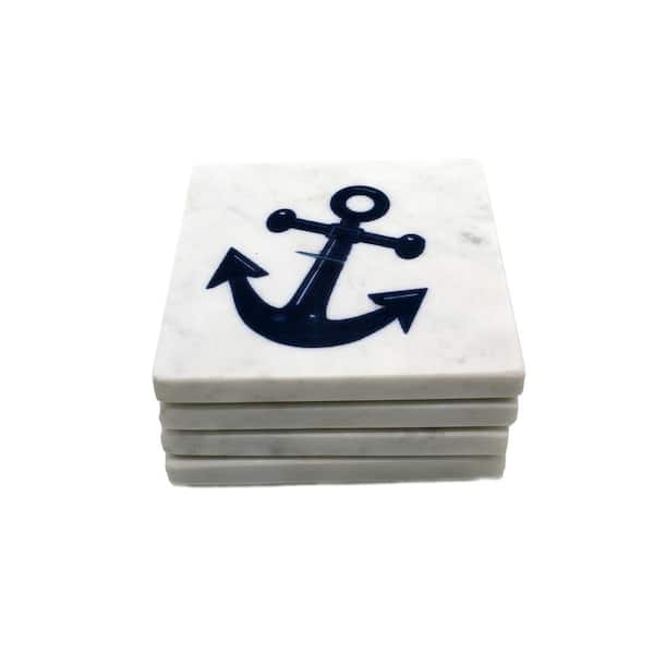 Unbranded 4-Piece White Marble and Navy Blue Anchor Coasters