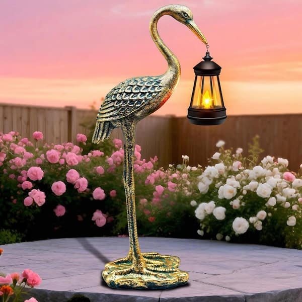 6 in. x 17 in. Bronze Resin Solar Garden Statue Crane Figurine