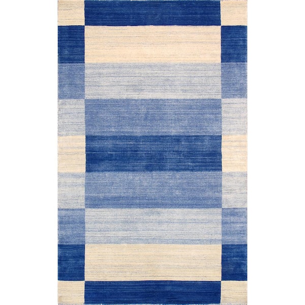 Pasargad Home Gramercy Blue 5 ft. x 7 ft. Striped Silk and Wool Area Rug