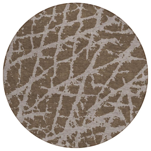 Homeroots Brown 8 Ft. Round Abstract Indoor   Outdoor Area Rug 