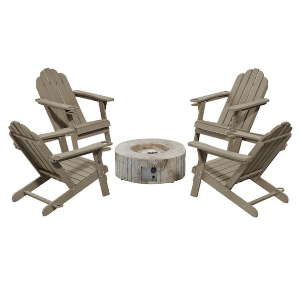 Clihome 5-Piece Set Outdoor Adirondack HDPE Material Plastic Brown Chair with 28 in. Composite Material Patio Fire Pit Table