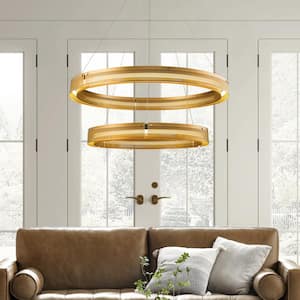 2-Light W32in Modern Round Antique Gold Double Ring Integrated LED Chandelier For Living Room
