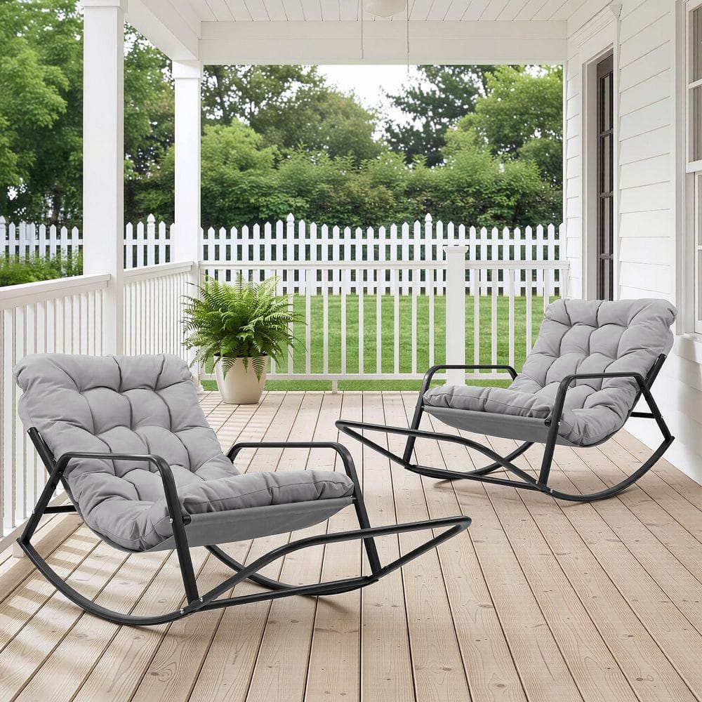Oversized Gray Metal Outdoor Rocking Chair Papasan Lounge Chair