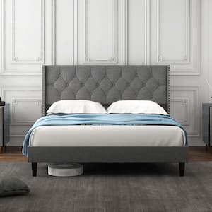 Gray Queen Upholstered Wood Frame Full Platform Bed with Button Tufted Headboard Mattress Foundation