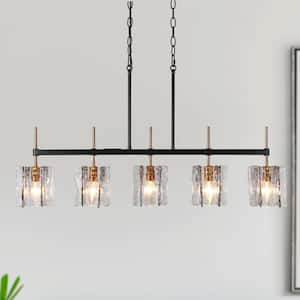 Kristie Modern 5-Light Black and Plated Brass Linear Chandelier with Grey Geometric Ice Glass Shades