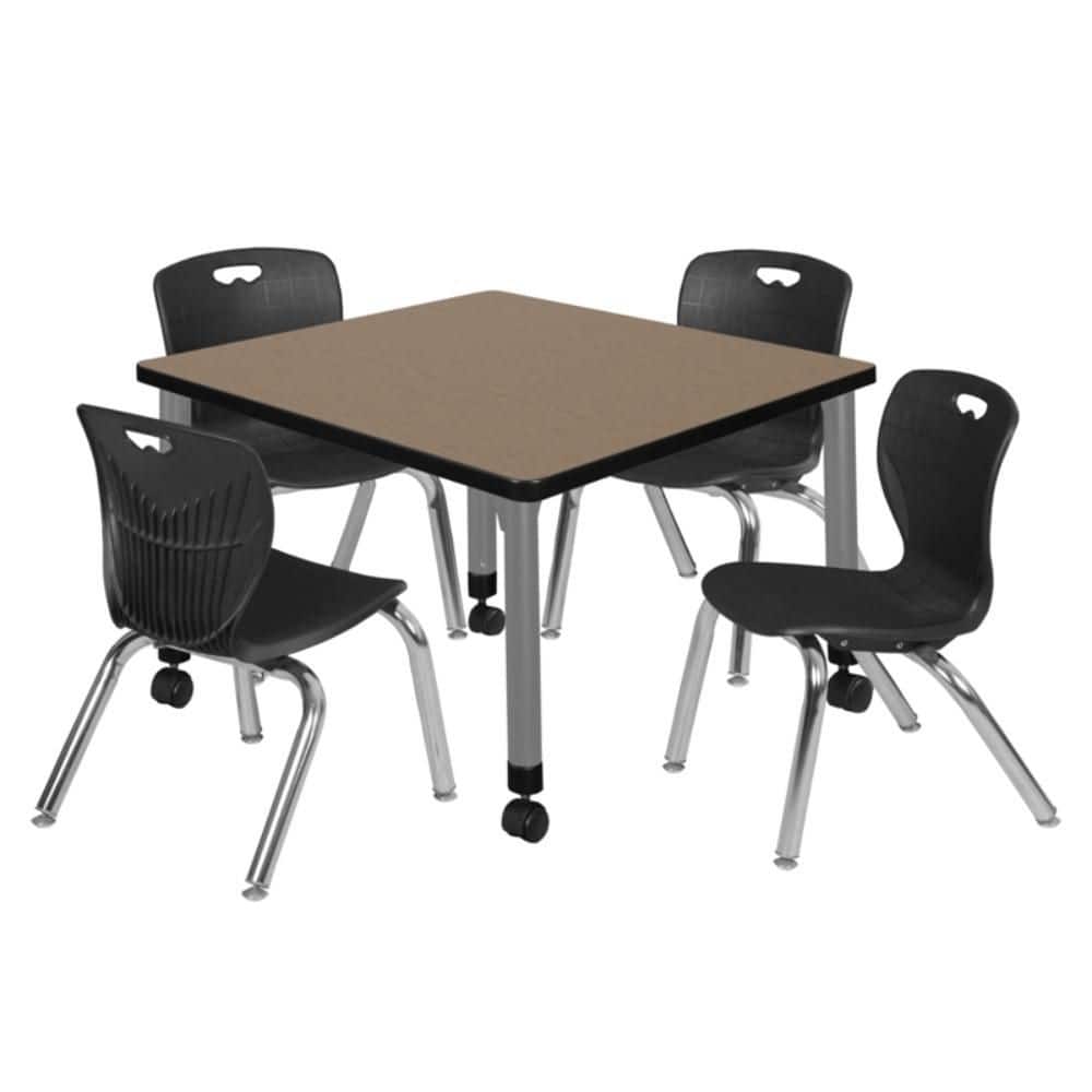 Kee 30 in. Square Noble Oak Mobile Adjustable Classroom Table Desk with Grey Base and 4 Andy 12 in. Black Stack Chairs